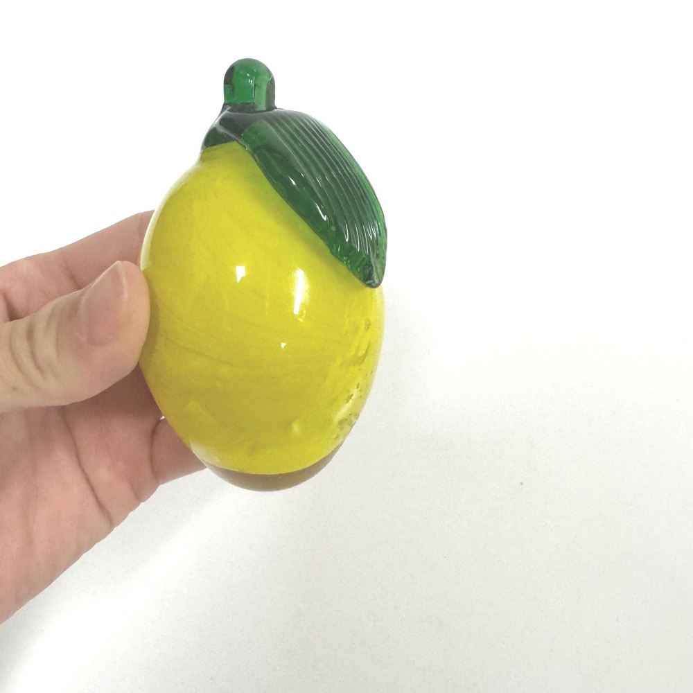 Vintage Art Glass Lemon Figurine Yellow Hand Blown Fruit Decor Paperweight